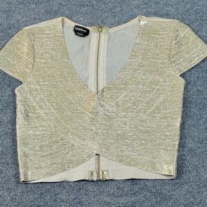 Bebe Large Gold Metallic V Neck Wrapped Crop Top Festive Shiny Glam Nightlife